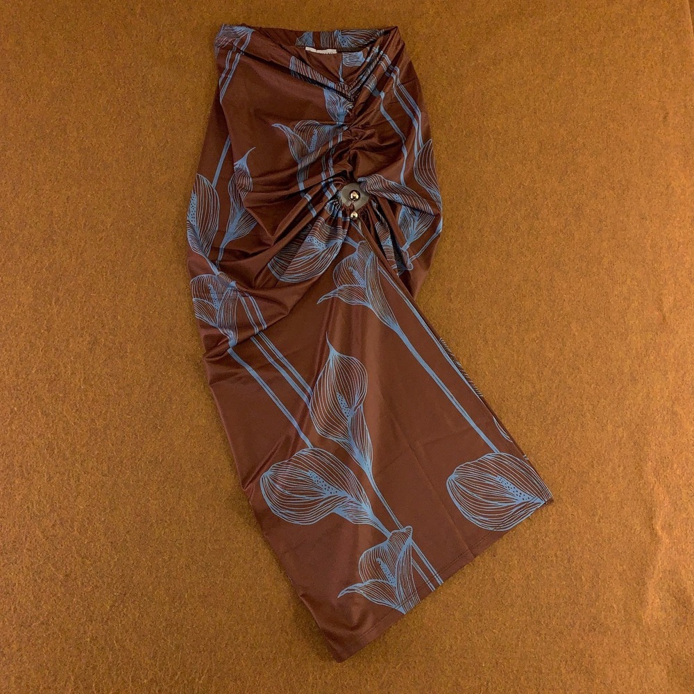 Her Bottari Womens Size Small Brown Blue Lily Print Ruched Midi Skirt New